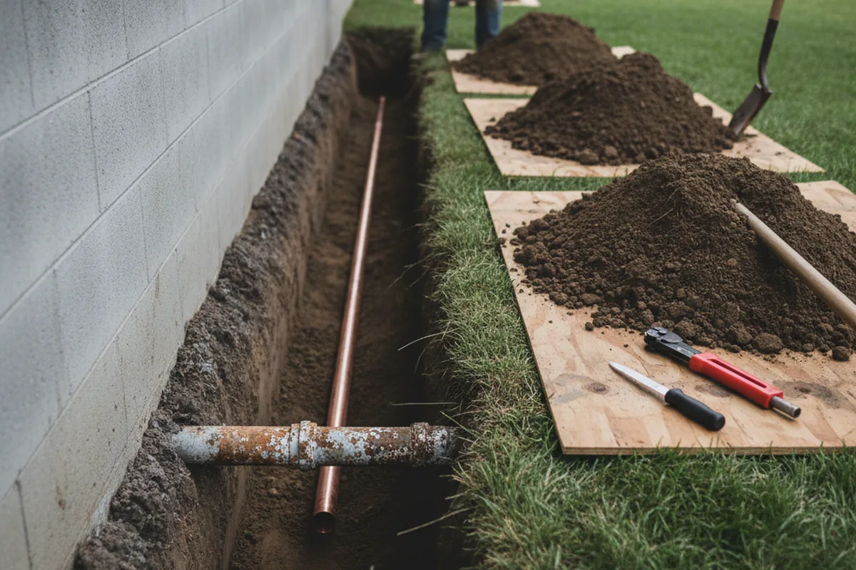 Excavated water line trench during Sewer Line Repair in Raccoon